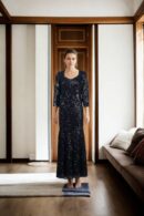 Black Sequin Bodycon Dress with Full Sleeves, Round Neckline & Net Attachment - Glamorous Evening Wear