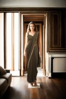 Elegant Olive Green Georgette Indo-Western Draped Saree with Embroidered Lace & Spaghetti Strap Blouse