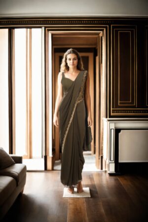 Elegant Olive Green Georgette Indo-Western Draped Saree with Embroidered Lace & Spaghetti Strap Blouse