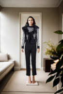Elegant Black Net Top with Ruffle Front Design - Full Sleeves & Formal Straight Pants