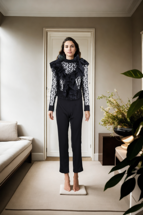 Elegant Black Net Top with Ruffle Front Design - Full Sleeves & Formal Straight Pants