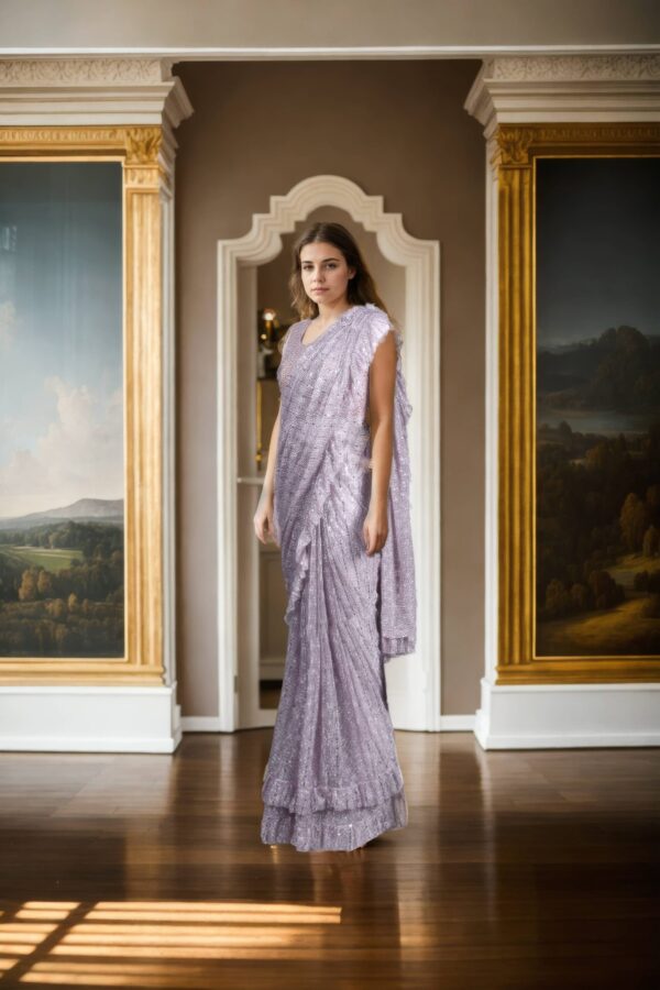 Elegant Light Pink Net Sequin Work Readymade Drape Saree with Padded Blouse - Perfect for Weddings & Glamorous Occasions - Image 2