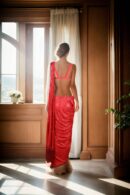 Dazzling Red Full Sequin Work Readymade Drape Saree with Fringe Work Design & Sleeveless Princess-Cut Sweetheart Neckline Blouse - Perfect for Glamorous Events