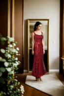 Maroon Net Strap Western Dress with Esquires Work, Sweetheart Neckline & Fish Cut Design - Elegant Evening Wear