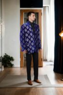 Luxurious Royal Blue Velvet Blazer with Zari Motif Design, Notched Lapel, Full Sleeves & Three Pockets ? Perfect for Elegant & Formal Events