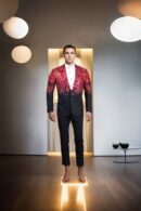 Jersey Black Suit with Notch Lapel Collar, 2 Pockets, and Hot Pink Luxury Taffeta Detailing - Modern Statement Wear