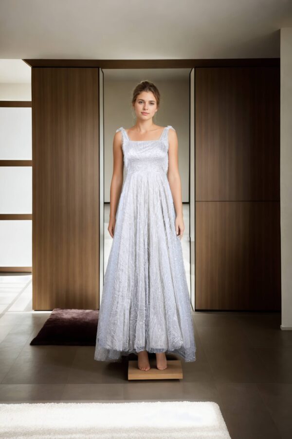 White Net Gown with Beads, Sequins & Square Neckline - Perfect for Elegant Occasions