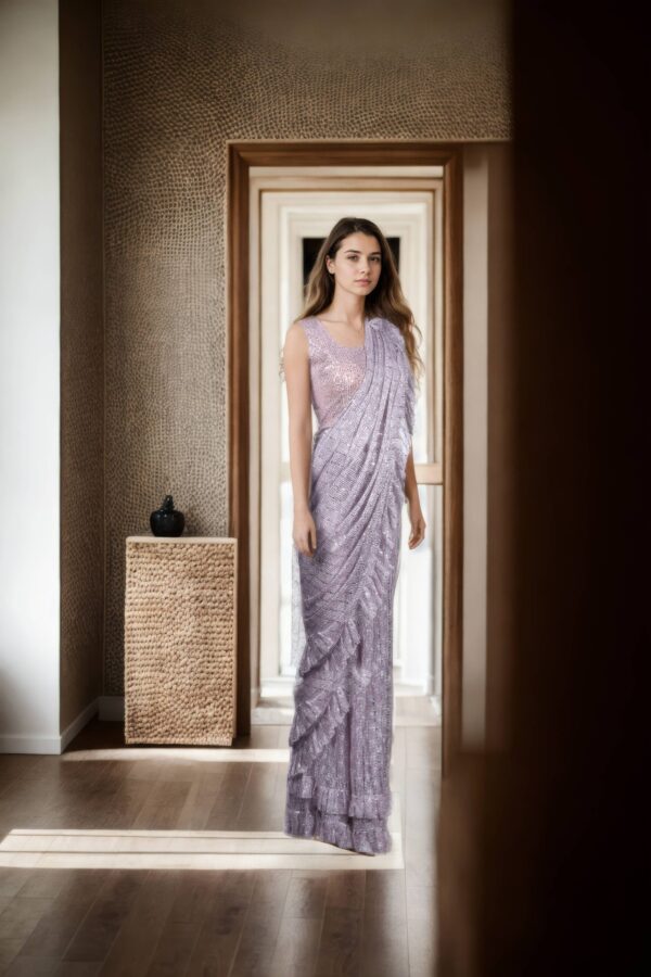 Elegant Light Pink Net Sequin Work Readymade Drape Saree with Padded Blouse - Perfect for Weddings & Glamorous Occasions - Image 4