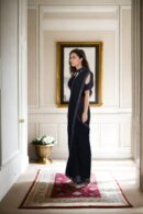 Elegant Black Velvet Readymade Drape Saree with Beads Lace Work Halter Neck Half Sleeves - Perfect for Formal & Evening Events