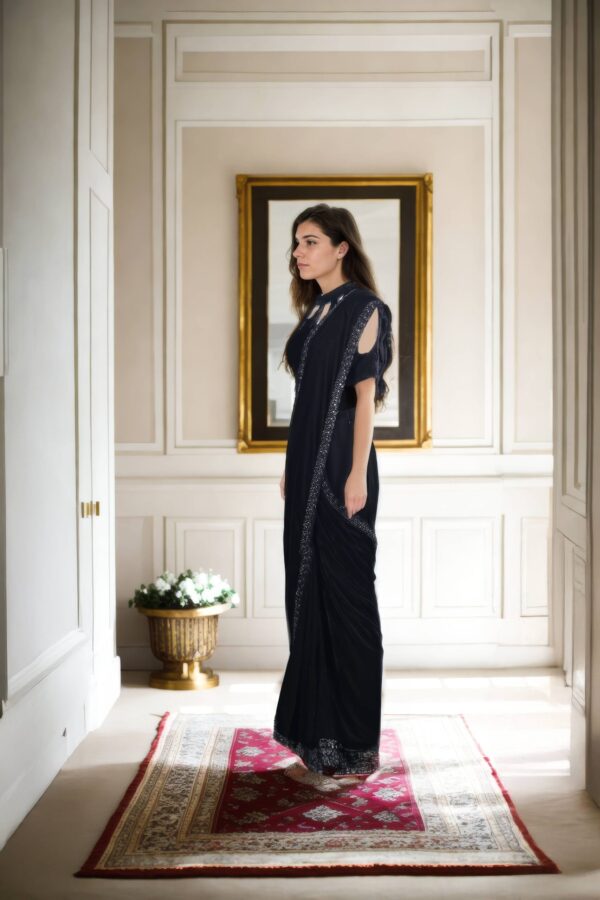 Elegant Black Velvet Readymade Drape Saree with Beads Lace Work Halter Neck Half Sleeves - Perfect for Formal & Evening Events - Image 2