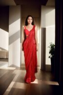 Dazzling Red Full Sequin Work Readymade Drape Saree with Fringe Work Design & Sleeveless Princess-Cut Sweetheart Neckline Blouse - Perfect for Glamorous Events