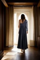 Black One-Shoulder Satin Gown with Side Zip Opening and Net Sleeve - Elegant Evening Wear