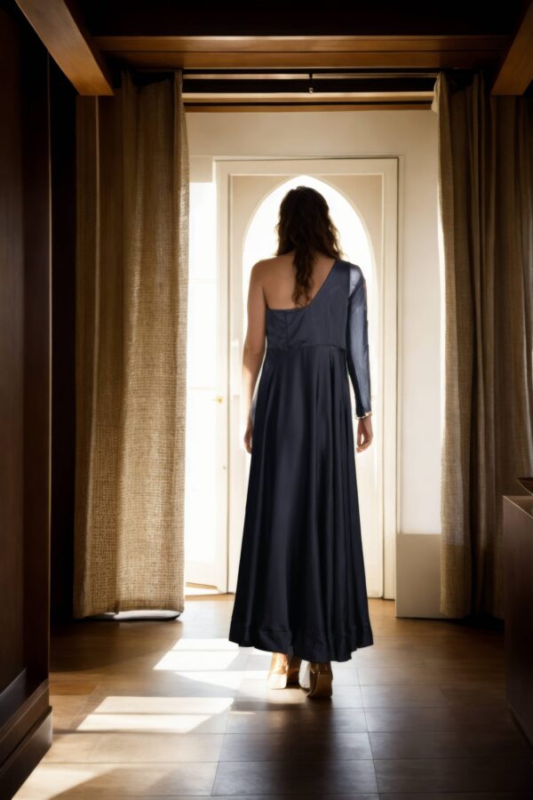 Black One-Shoulder Satin Gown with Side Zip Opening and Net Sleeve - Elegant Evening Wear - Image 3