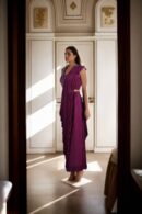 Sophisticated Dark Purple Silk Gaurav Gupta Blouse with Back Zip & Round Neck Design Readymade Drape Saree - Perfect for Elegant Occasions