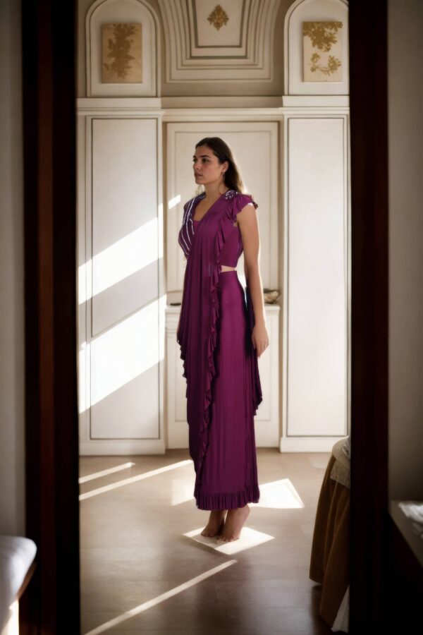 Sophisticated Dark Purple Silk Gaurav Gupta Blouse with Back Zip & Round Neck Design Readymade Drape Saree - Perfect for Elegant Occasions - Image 3
