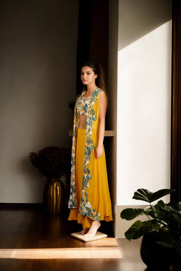 Glamorous Yellow Sequin Embellished Indo-Western Set with Crop Top, Lehenga & Shrug - Perfect for Weddings & Celebrations - Image 2