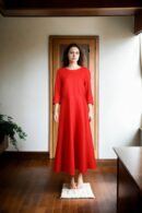 Red Lycra Western Dress with Pleated Details, 3/4 Sleeves, and Round Neckline - Stylish Casual Wear
