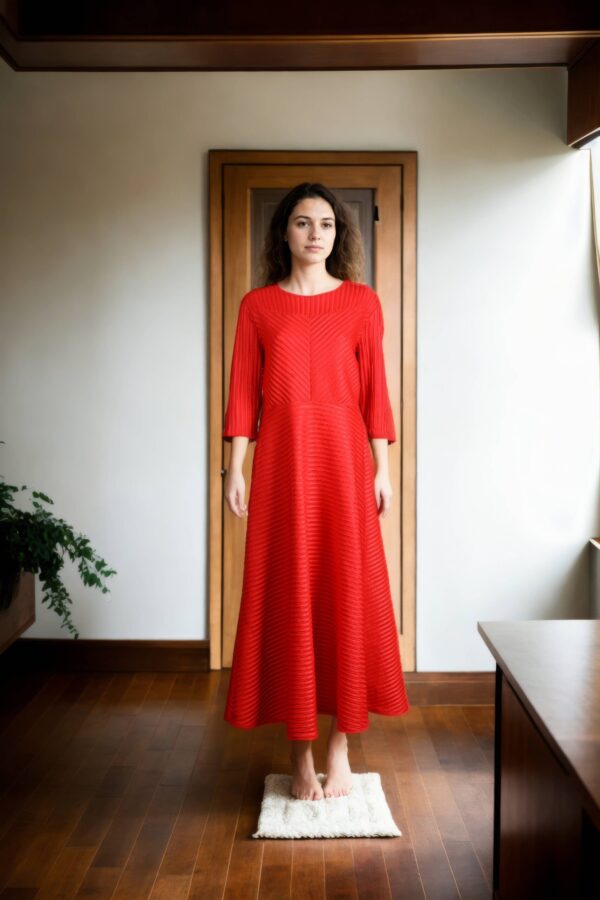 Red Lycra Western Dress with Pleated Details, 3/4 Sleeves, and Round Neckline - Stylish Casual Wear