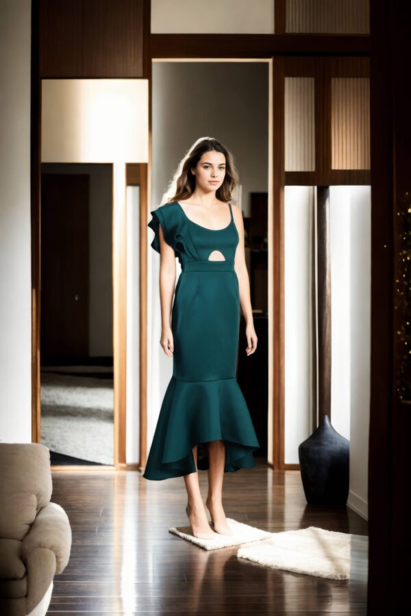 Luxurious Bottle Green Bodycon Dress with Bottom Frills, Waist Belt, and Asymmetrical Top Featuring One Side Ruffle and Other Side Strap - Perfect for Cocktail & Formal Events - Image 2