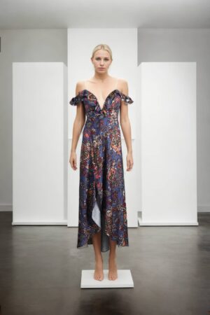 High-Low Multicoloured Off-Shoulder Gown with Deep Neck, Ruffles & Back Opening - Elegant Evening Wear
