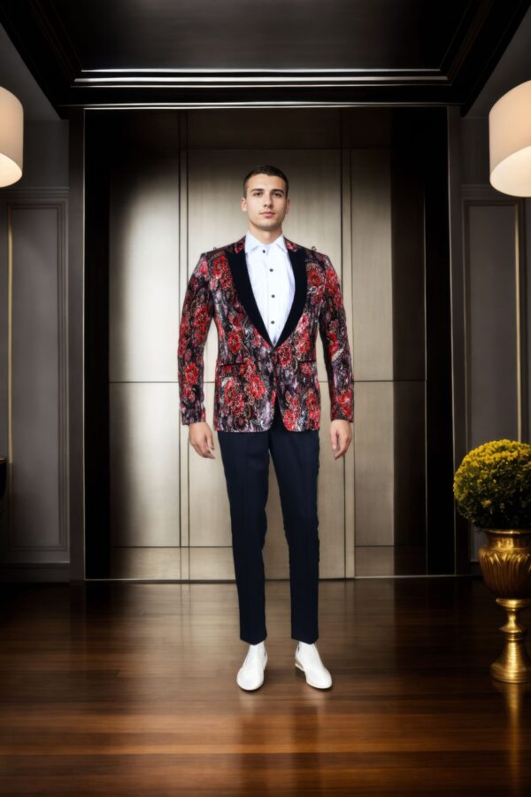 Brown Velvet Blazer with Maroon Flower Print - Perfect for Weddings & Formal Events