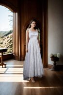 White Net Gown with Beads, Sequins & Square Neckline - Perfect for Elegant Occasions