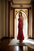 Maroon Net Strap Western Dress with Esquires Work, Sweetheart Neckline & Fish Cut Design - Elegant Evening Wear