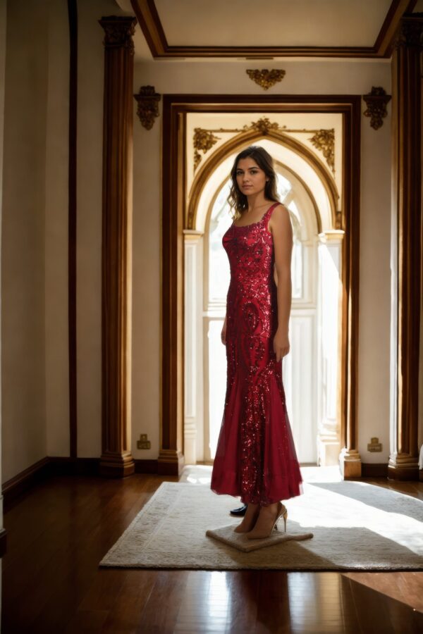 Maroon Net Strap Western Dress with Esquires Work, Sweetheart Neckline & Fish Cut Design - Elegant Evening Wear - Image 4