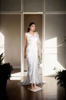 White Silk Satin Draped Saree with Bead Work & Leggings Bottom - Modern Fusion Wear