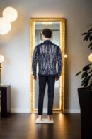 Black Suiting Heavy Blazer with White & Black Beadwork - Long Sleeves, Two Flap Pockets, Chest Welt Pocket