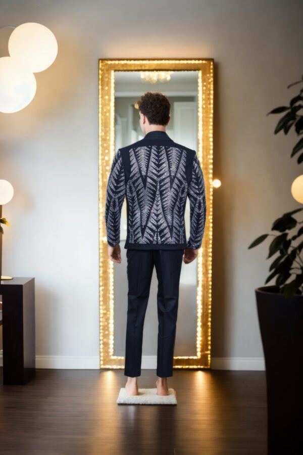 Black Suiting Heavy Blazer with White & Black Beadwork - Long Sleeves, Two Flap Pockets, Chest Welt Pocket - Image 3