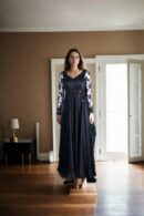 Black Silk Dress with Front Pleated Details, Self-Thread Work, Sequin Embellishments, V-Neckline, and Net Full Sleeves - Elegant Evening Wear
