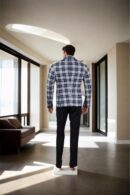Insignia Blue Checkered Blazer for Men in Polyester-Viscose Blend, Notched Lapel, Single-Breasted Design, Button-Up Closure, and Two Pockets