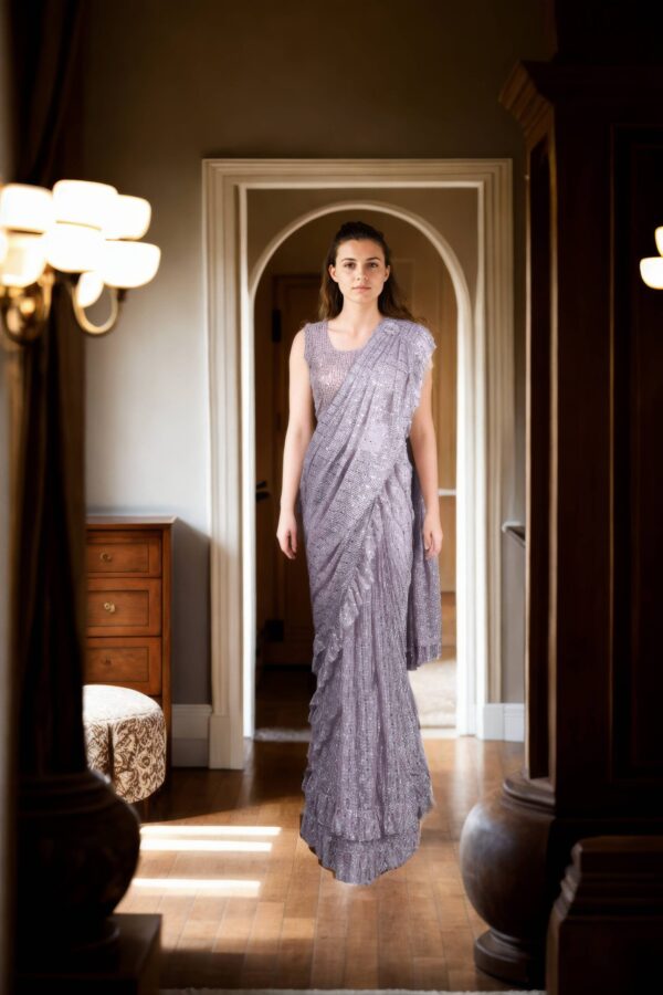Elegant Light Pink Net Sequin Work Readymade Drape Saree with Padded Blouse - Perfect for Weddings & Glamorous Occasions