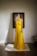 Yellow Satin Halter Neck Maxi Gown with Tie-Up Waist Detail Elegant Evening Wear