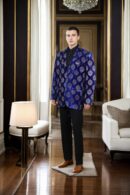 Luxurious Royal Blue Velvet Blazer with Zari Motif Design, Notched Lapel, Full Sleeves & Three Pockets ? Perfect for Elegant & Formal Events