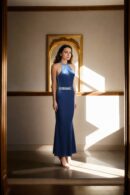 Blue Lagoon Silk Velvet Bodycon Gown with Halter Neckline and White Diamond Design, Sleeveless - Glamorous Evening Wear