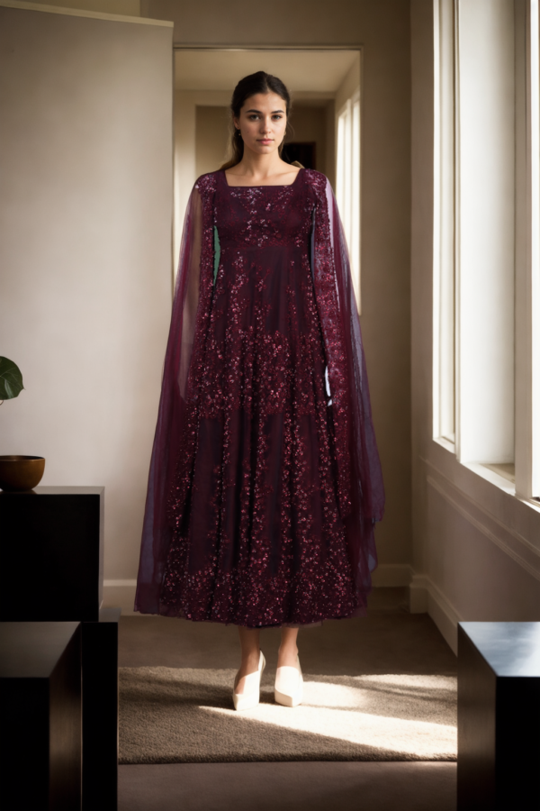 Wine Sequin Gown with Floral Thread Work - Perfect for Elegant Parties & Formal Events