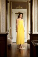 Yellow Georgette Strap Dress with Sweetheart Neckline and Drape Design - Elegant Evening Wear