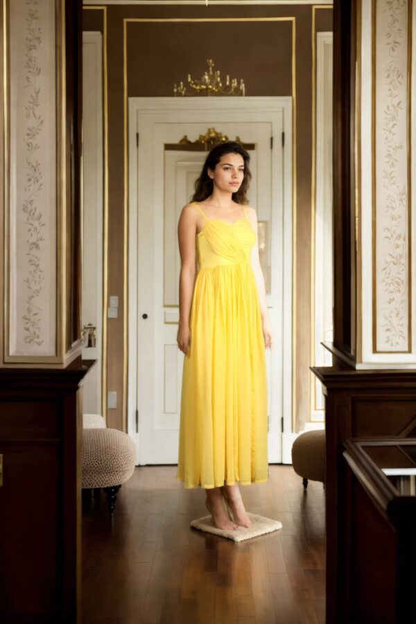 Yellow Georgette Strap Dress with Sweetheart Neckline and Drape Design - Elegant Evening Wear - Image 4