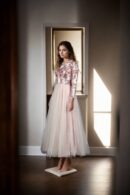 Luxurious Peach Full-Length One-Shoulder Gown with Sequin Embroidered Top & Full Sleeves - Perfect for Elegant Evenings & Special Occasions