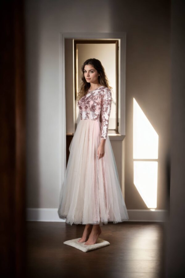 Luxurious Peach Full-Length One-Shoulder Gown with Sequin Embroidered Top & Full Sleeves - Perfect for Elegant Evenings & Special Occasions - Image 4