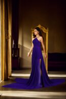 Elegant Purple Georgette Halter Neck Long Train Flying Dress - Pleated Sleeveless Design for Photoshoots & Santorini Vibes
