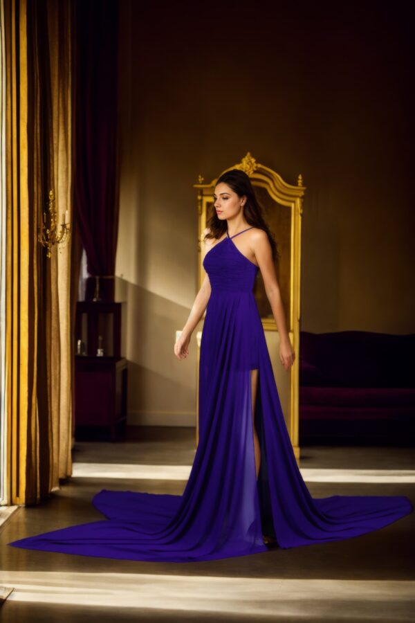 Elegant Purple Georgette Halter Neck Long Train Flying Dress - Pleated Sleeveless Design for Photoshoots & Santorini Vibes - Image 3