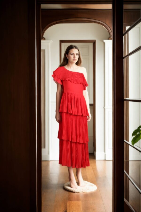 Red One-Shoulder Gown with 4-Layered Frills and Back Zip Opening - Elegant Evening Wear - Image 4