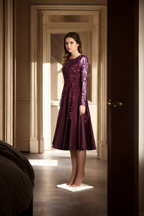 Wine Gown with Net and Sequin Embellishments - Glamorous Evening Wear for Special Occasions - Image 2
