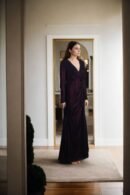 Dark Purple Velvet Western Dress with Pleated Details, V-Neck, Full Sleeves, and Long Length - Elegant Evening Dress