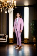 Light Pink Polyester Suit with Net Full Sequin Work - Shawl Collar Design, Full Sleeves, Two Pockets & A-Line Pants