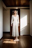 Elegant White Georgette Jumpsuit-Style Dress with Self-Thread Embroidery, Mirror Work & Sequin Detailing, V-Neckline & Full Sleeves