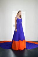 Stunning Blue and Orange Georgette Gown with Flowing Long Trail - Elegant Sleeveless Design for Formal Events